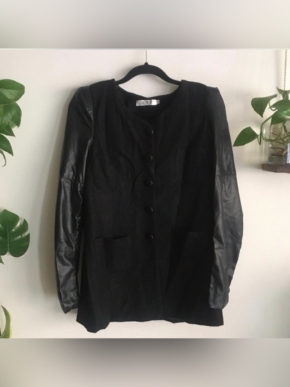 Black Mixed-Media Button Front Coat